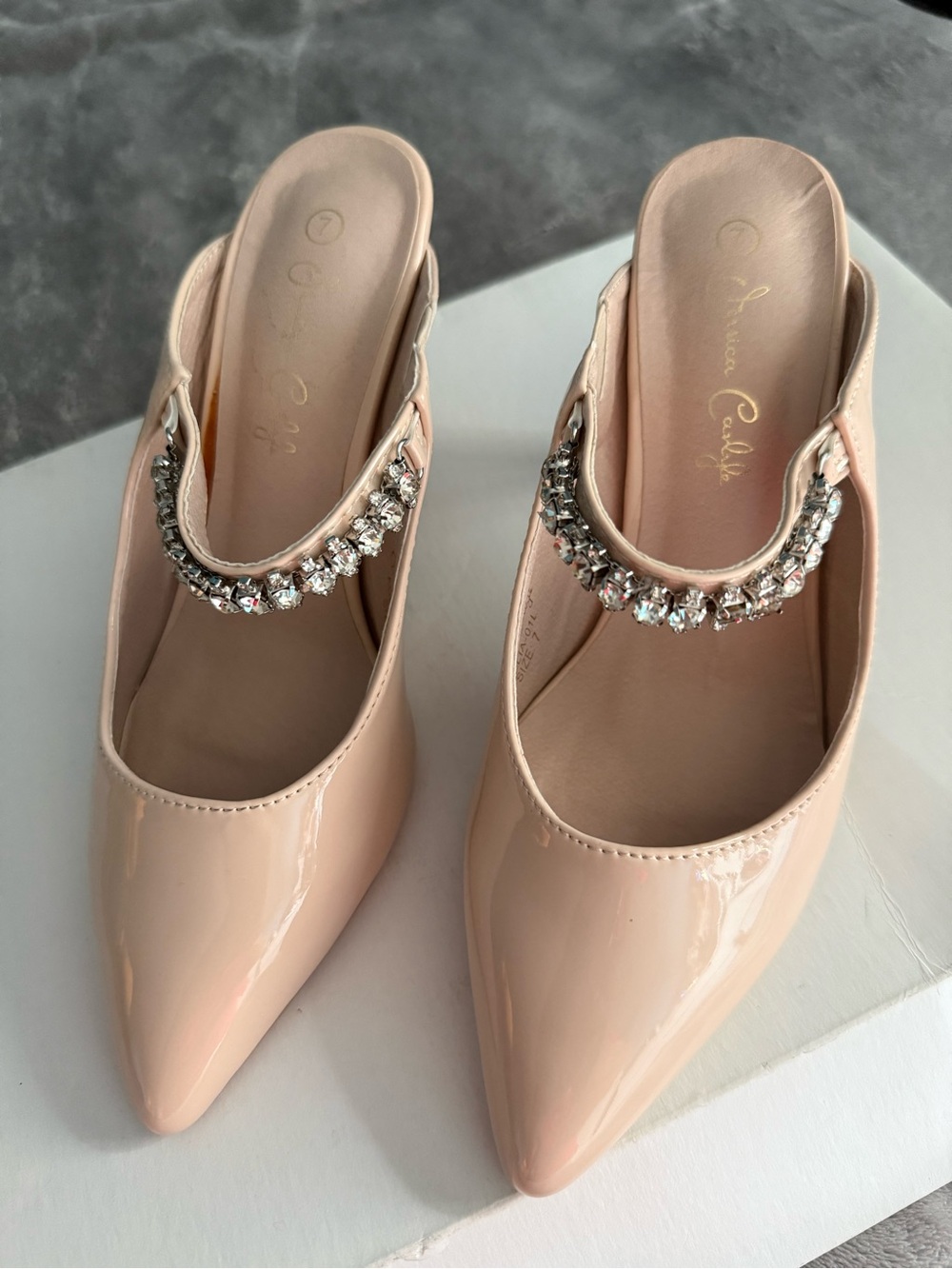 Patent Nude Pointed-Toe Jewel Strap Mule